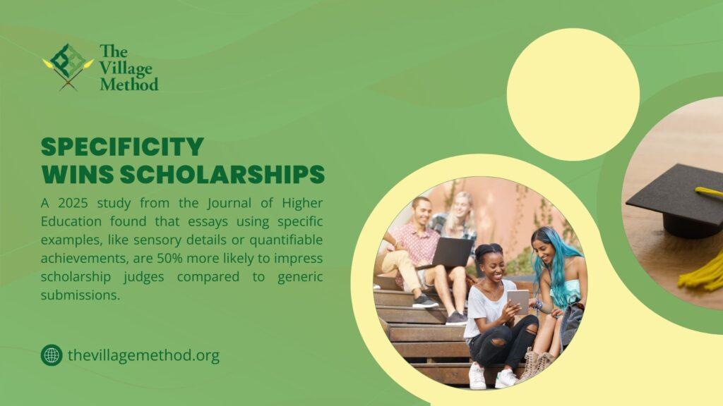 Poster promoting scholarship success with specificity, featuring students studying and a graduation cap, highlighting 2025 research on detailed essays.